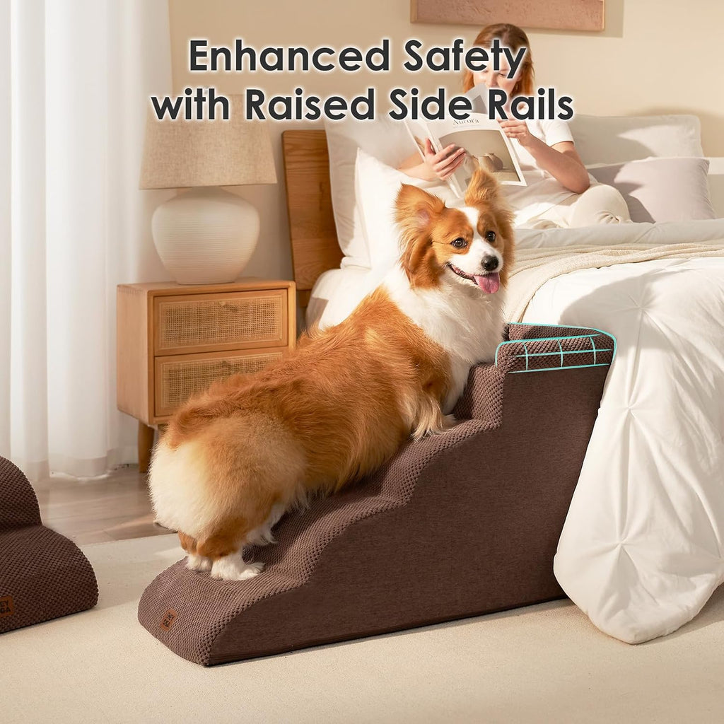 EHEYCIGA 4-Step Curved Dog Stairs for Beds 17.6" H, Brown
