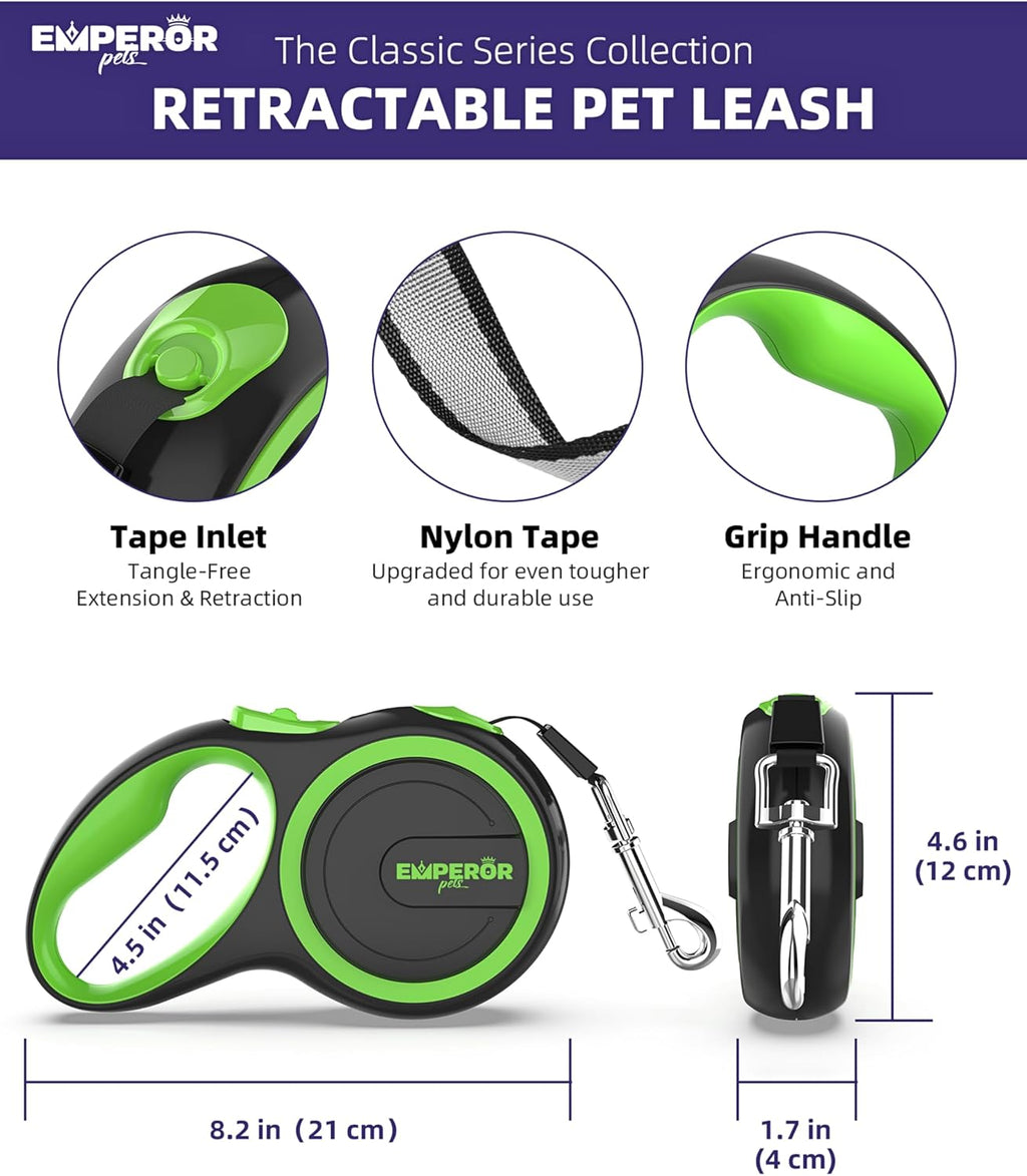 EMPEROR PETS 26.1 ft Retractable Dog Leash, for Dogs 10-110 lbs, Green