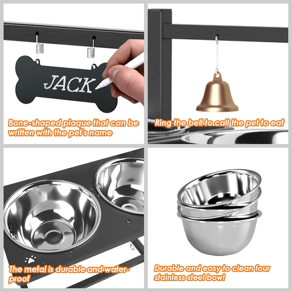 ADENGL Elevated Dog Bowl Stand with 4 Stainless Steel Bowls (1700ml/58oz) – 9 Height Adjustable Raised Pet Feeder from 4.9" to 14.5" for Large Dogs & Multi-Pet Homes, with Bone Name Tag