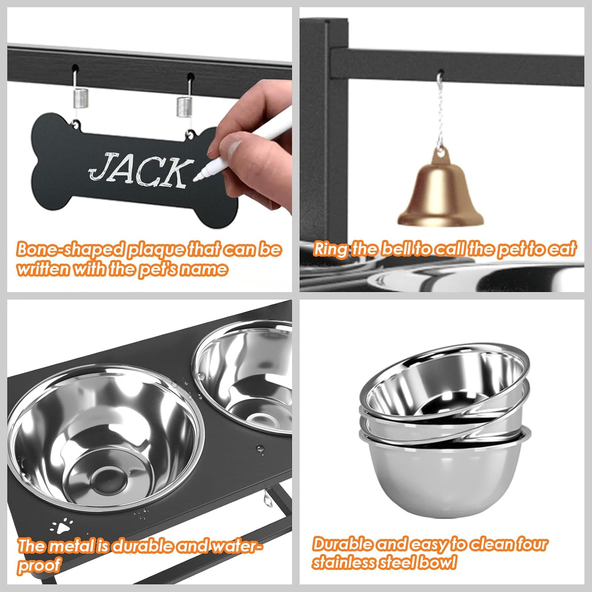 ADENGL Elevated Dog Bowl Stand with 4 Stainless Steel Bowls (1700ml/58oz) – 9 Height Adjustable Raised Pet Feeder from 4.9" to 14.5" for Large Dogs & Multi-Pet Homes, with Bone Name Tag