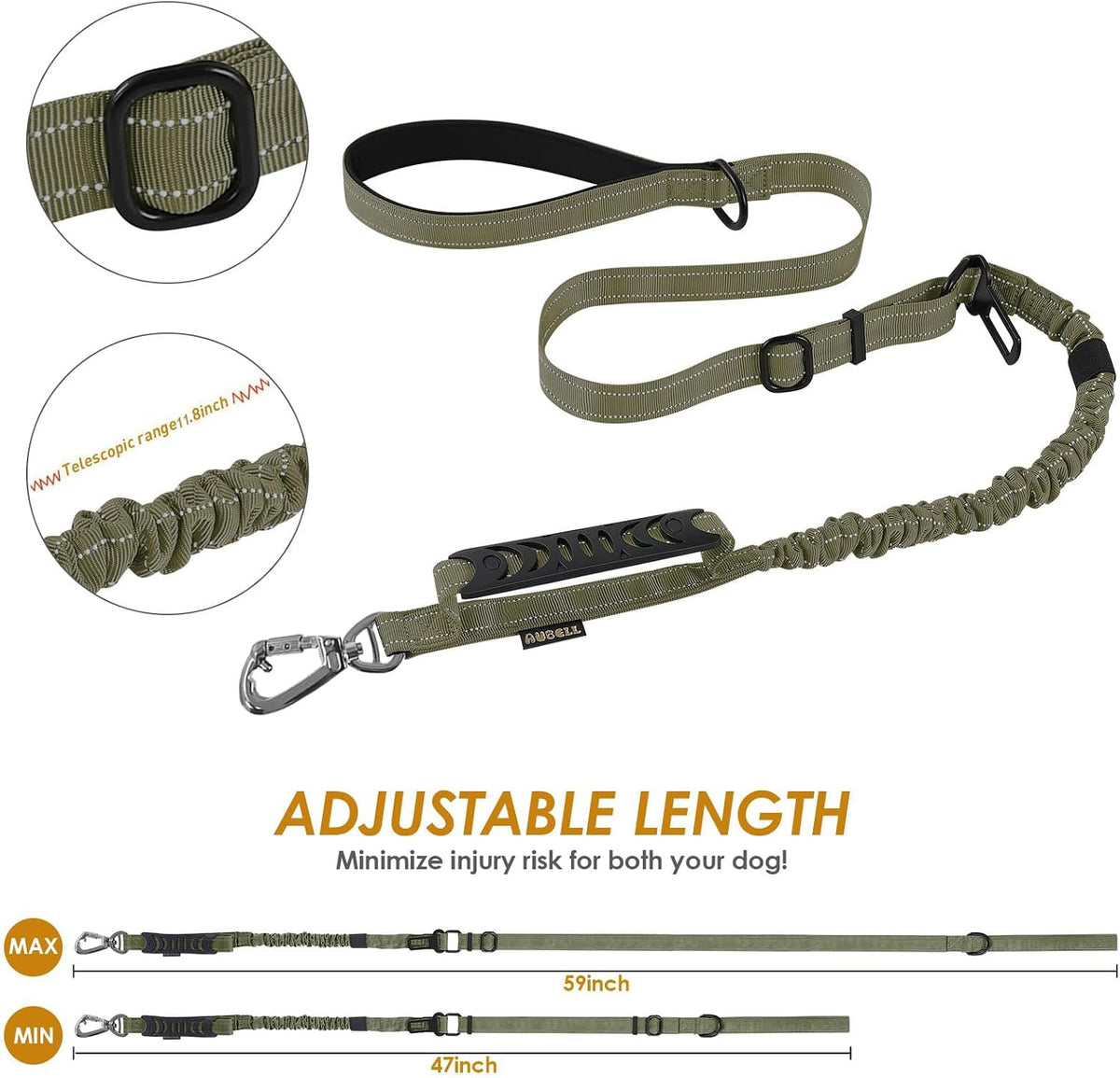 AUBELL Tactical Dog Leash Heavy Duty,4-6ft No Pull Bungee Leash,Green