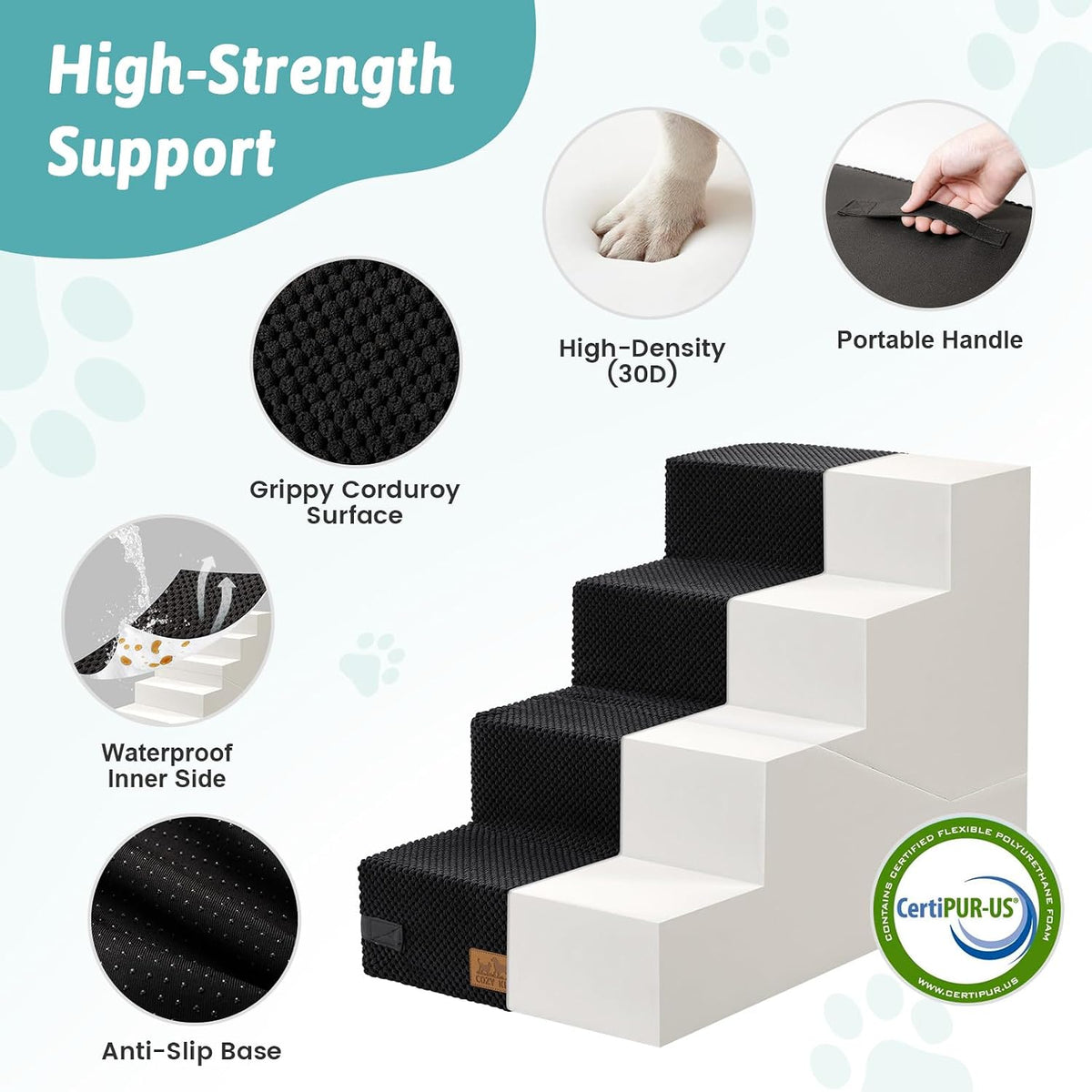 COZY KISS Dog Stairs for Small Dog, 18.9" H, 4 Step pet Step for Bed, Black