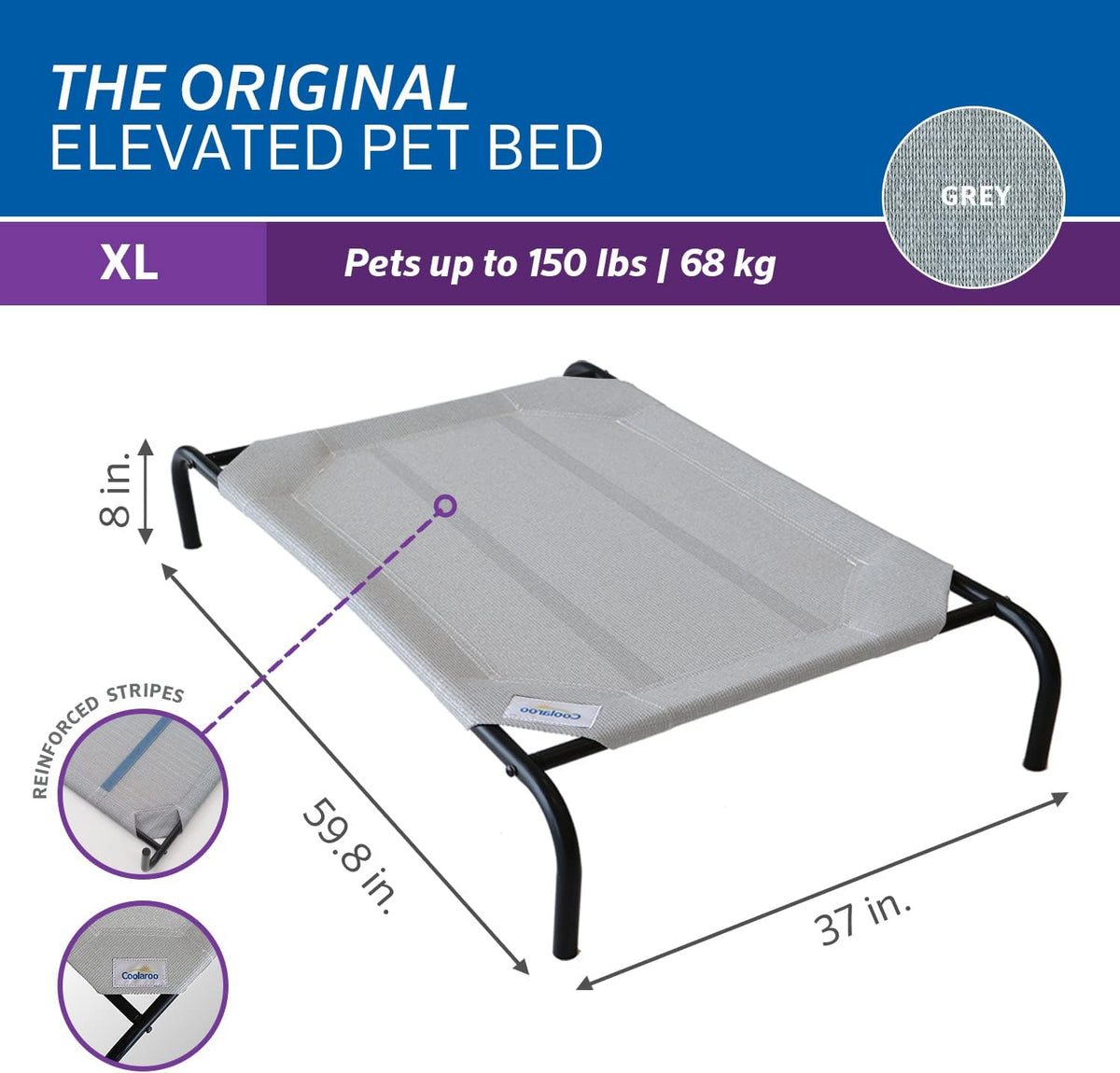 Coolaroo Original Elevated Dog Bed - Breathable Off-The-Ground Pet Bed with Cooling Fabric, Joint Relief & Moisture-Resistant Fabric, 100% Recyclable, Easy Clean, Gray, Extra Large