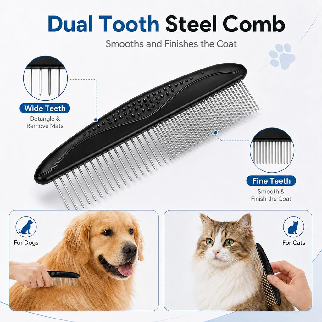 Double-Sided Pet Grooming Rake Set of 4, with Metal Comb Flea Comb Bath Brush for Long & Short Haired Pets to Effectively Remove Tangles, Knots and Mats