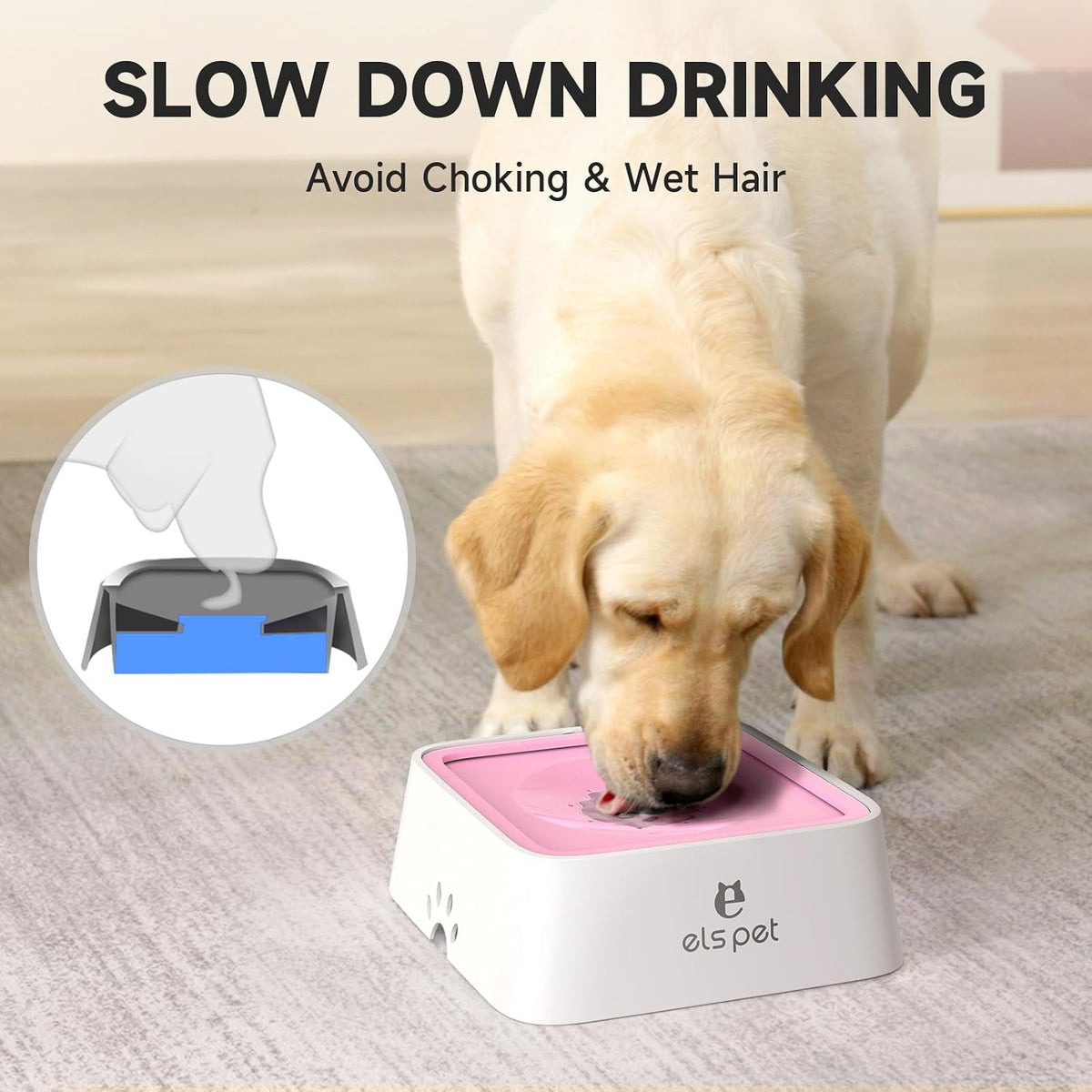ELS PET Water Bowl for Cats & Dogs 2L, No Spill Slobber Stopper, Slow Drink | Pink, Splash Proof Design, 70oz Capacity, Floating Disk, Slow Drink, for Cats & Dogs, Travel and Home Use, Dishwasher Safe