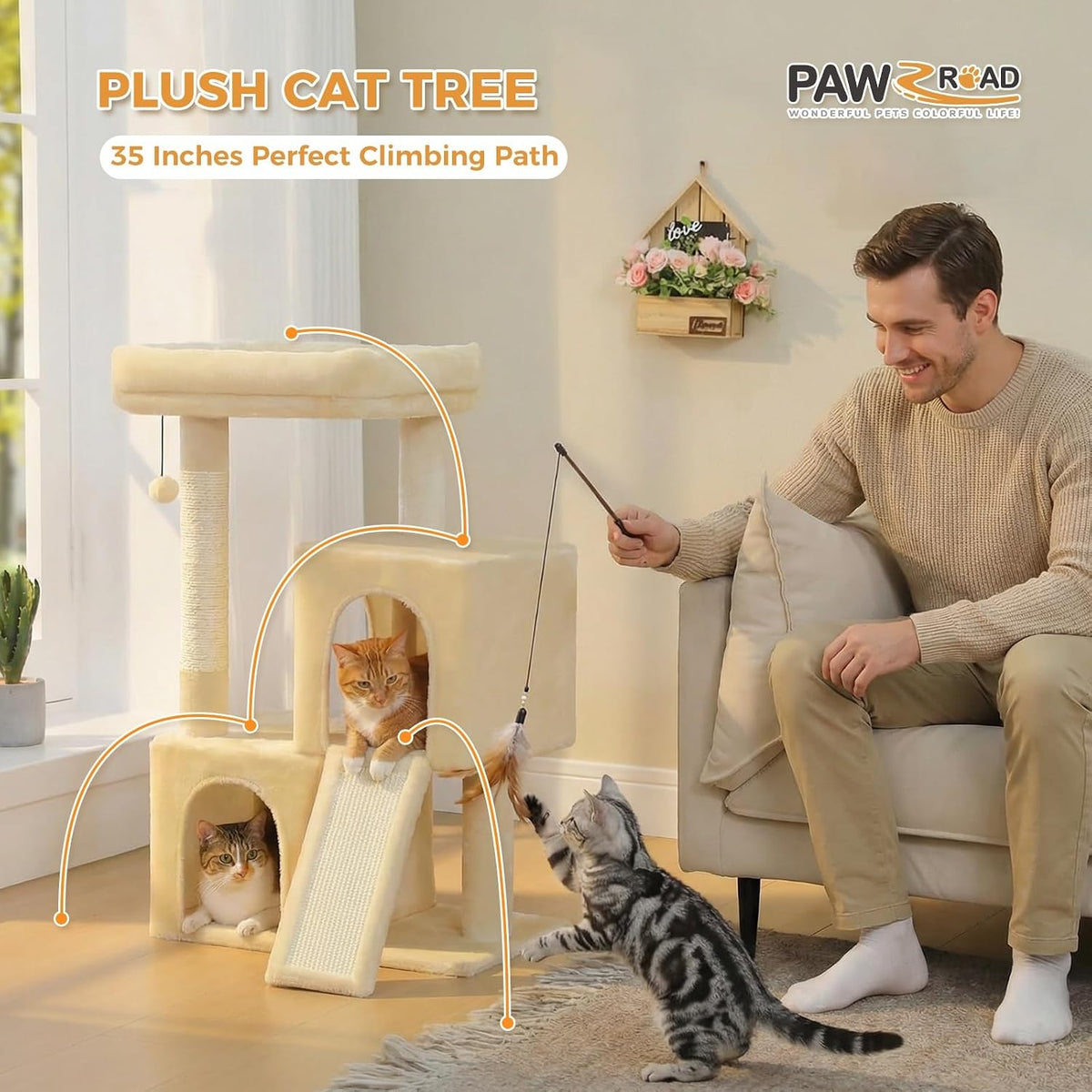 PAWZ Road Cat Tree, 35" Cat Tower with Dual Condos for Indoor Cats, Beige