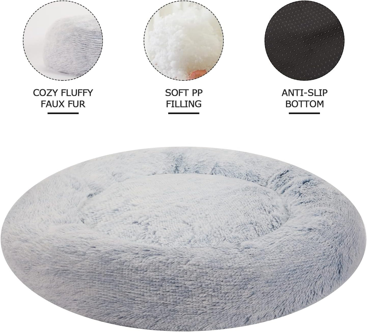 Bedfolks Calming Fluffy Donut Dog Bed for X-Large Dogs,Light Blue,45" Round