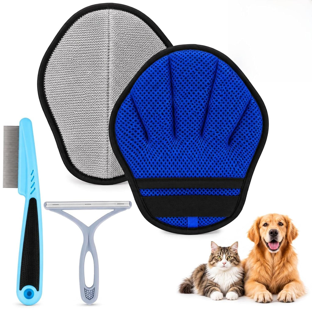 3PCS Pet Hair Removal Glove Set with Grooming Mitt, Comb & Fur Remover Tool