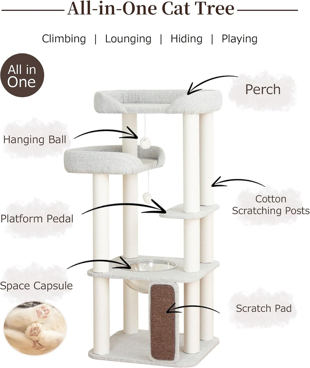 53" Cat Tree Tower for Large Cats, Large Perch & Sisal Board
