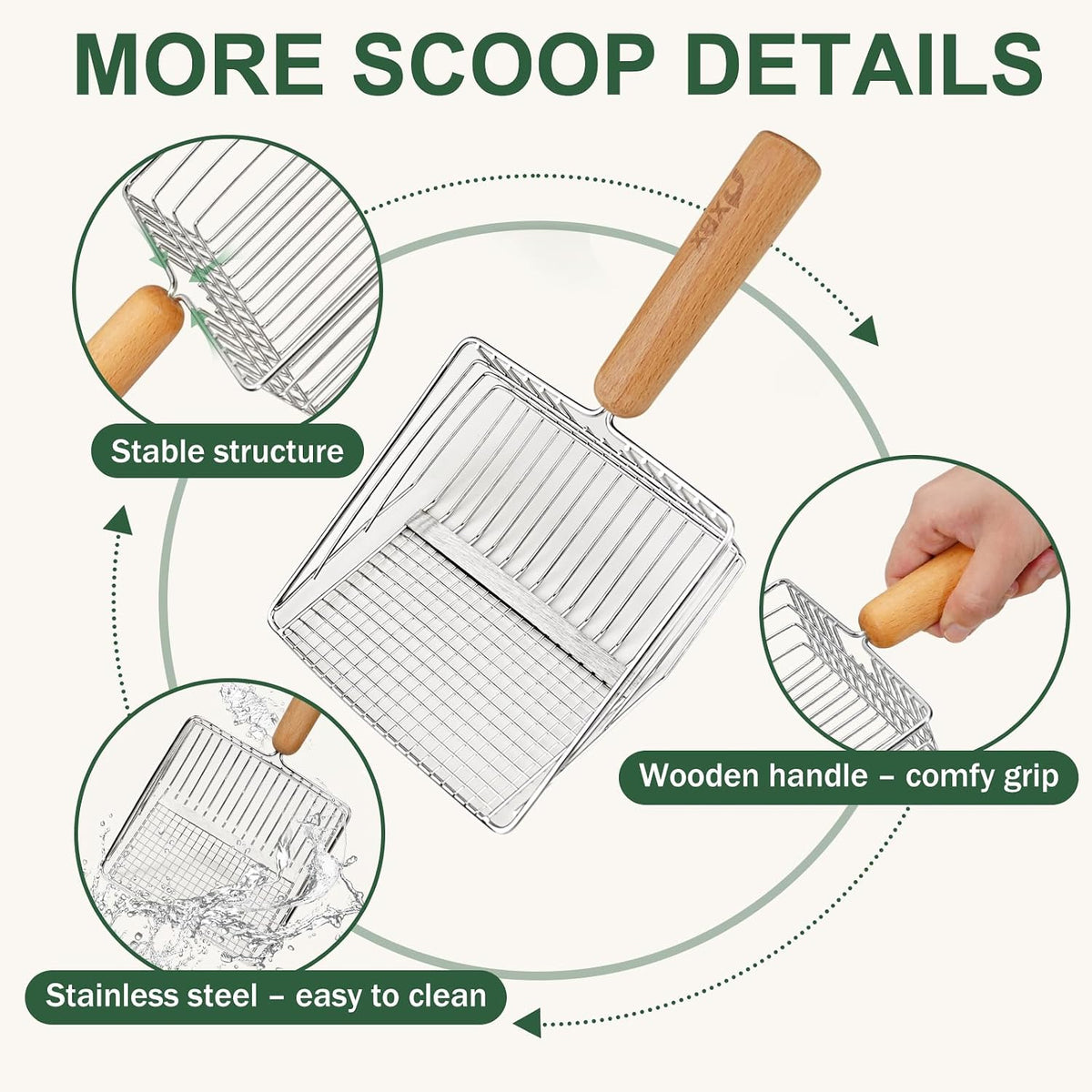XBX Cat Litter Scoop with Holder, Heavy Duty Litter Sifter, Stainless Steel Litter Shovel, Litter Scooper with Beech Wood Grip and Washable Stand, Perfect for Cat Litter Box Cleaning