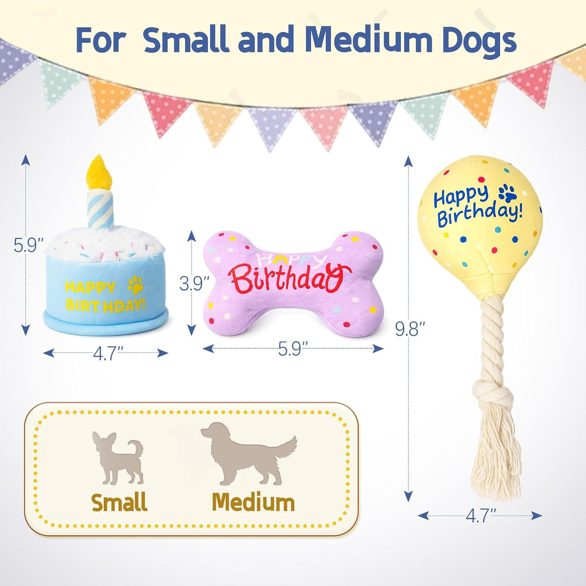 3-Pack Dog Birthday Toys | Crinkle Cake Toy, Rope Balloon and Squeaky Bone, Birthday Gift Set, for Small and Medium Dogs
