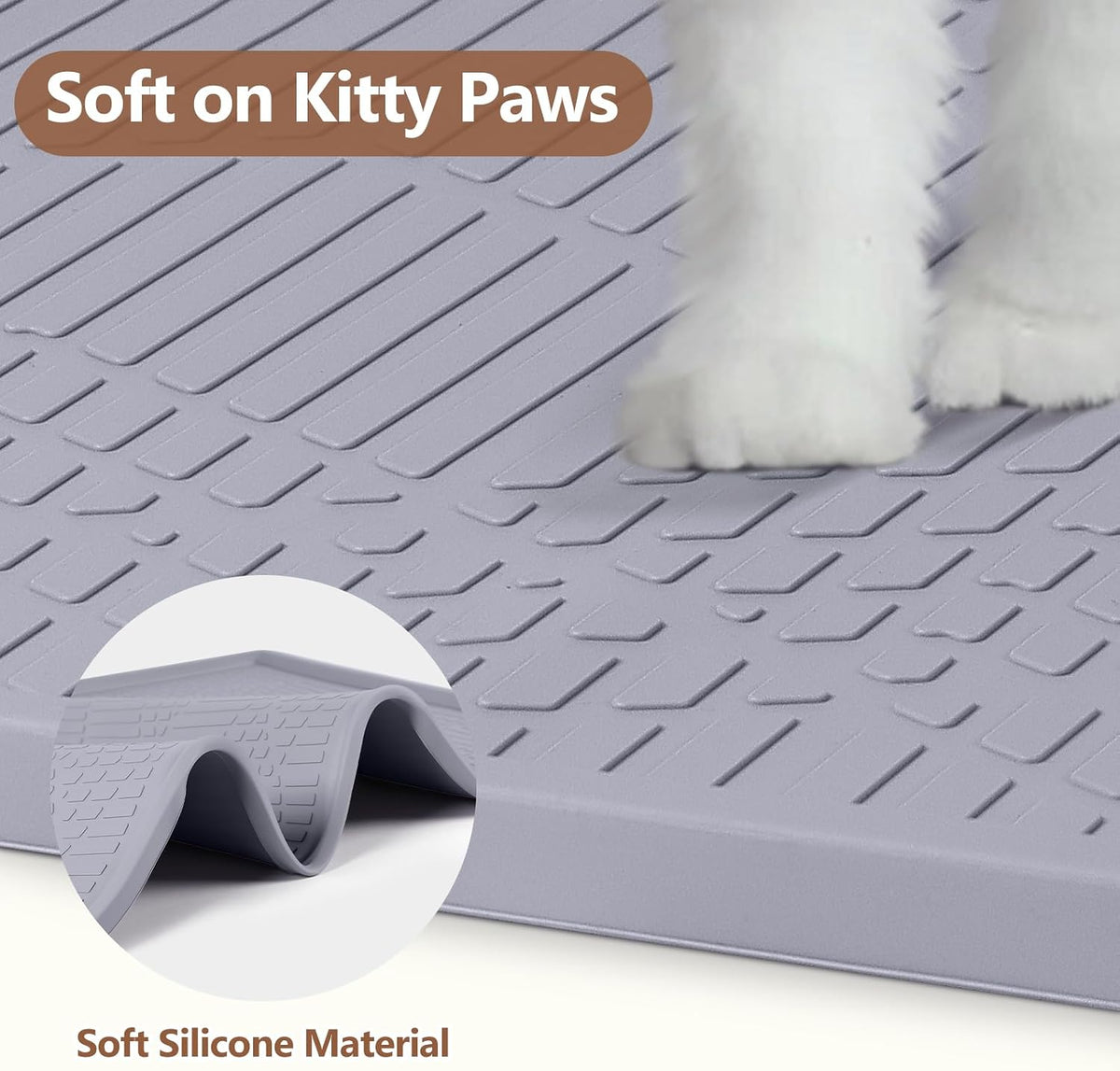 Silicone Cat Litter Box Mat 34'' x 22'' Cat Mat with Toy, Grey