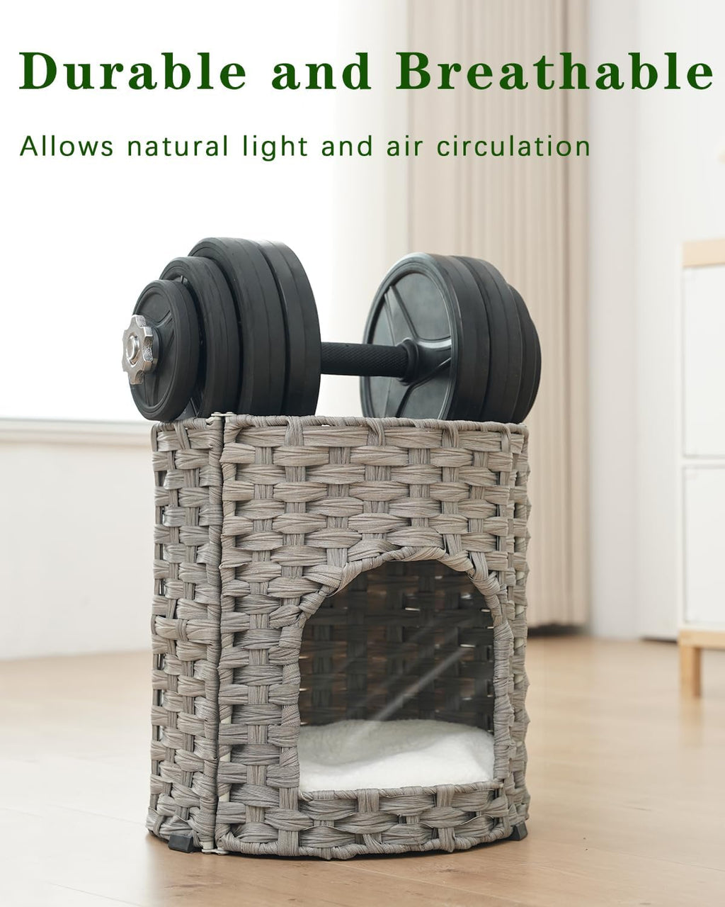 SETVSON Cat House for Indoor Cat, Small Handwoven PE Rattan Cave, Gray