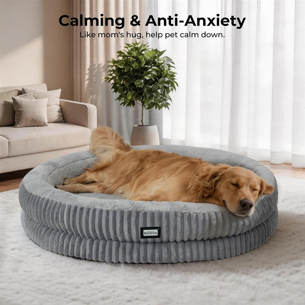BALANCE Donut Dog Bed, 43 Inches Round Dog Bed Extra Large Size Dogs Washable, Orthopedic Calming Dogs Beds for Kitten, Fluffy Plush Faux Fur Pet Bed with Anti-Slip Bottom