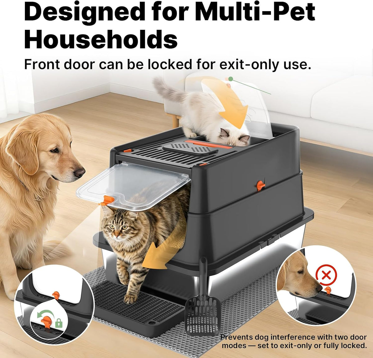 Stainless Steel Litter Box with Flip Lid, XL Extra Large Cat Litter Box with High Sided Top Entry Design, Anti-Leakage Enclosed Metal Litterbox for Big Cats, with Handle, Mat, Pedal & Scoop, Black