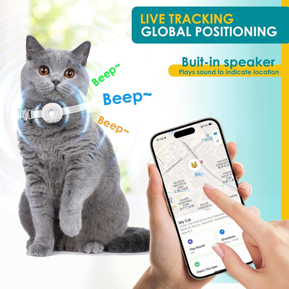 Cat Tracker, No Monthly Fee, GPS Tracker, Compatible with Apple Find My App(Only iOS), Waterproof Cat Trackers Collar with Bell and Safety Elastic Buckle, Real-Time Location, Pet Trackers, White