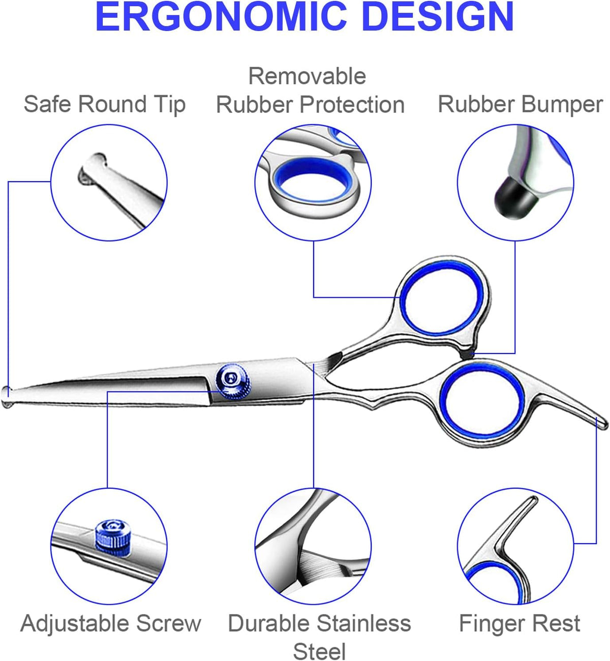 TINMARDA Dog Grooming Kit, Professional Stainless Steel Dog Grooming Scissors with Curved Shears, Blue Finger Rings - 5 Piece Sharp Durable Pet Shears for Dogs Cats At Home Salon-Quality Grooming