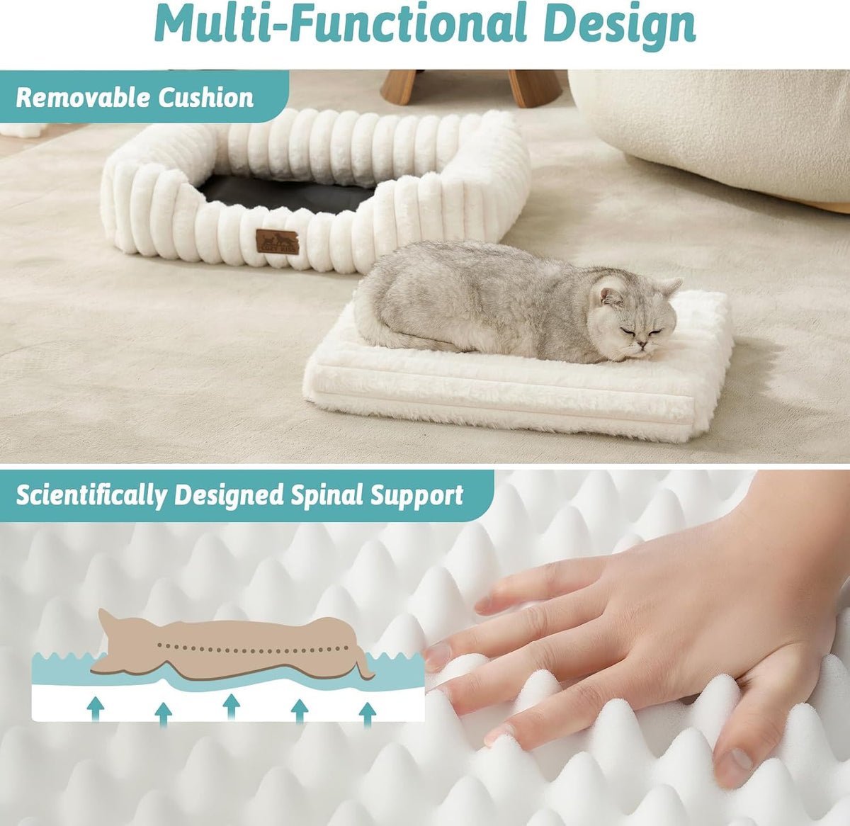 COZY KISS Orthopedic Pet Bed for Small Cats, 20"x18"x6", Cream