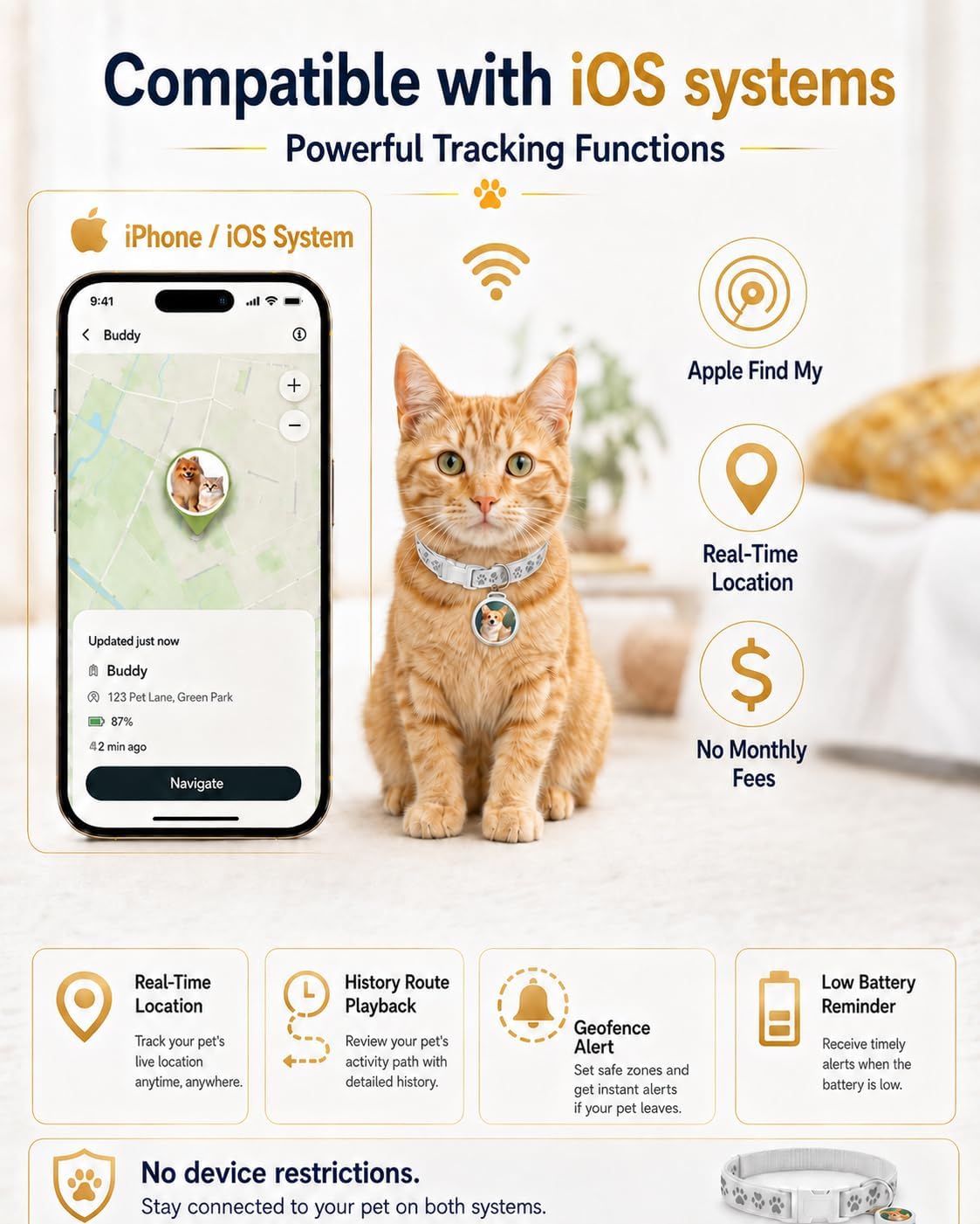 Cat GPS Tracker Collar & Dog Mini Tracker, No Monthly Fee Location, Works with Apple Find My, IP67 Waterproof Pet Finder Tag, Sound Alert, Adjustable Fit,White