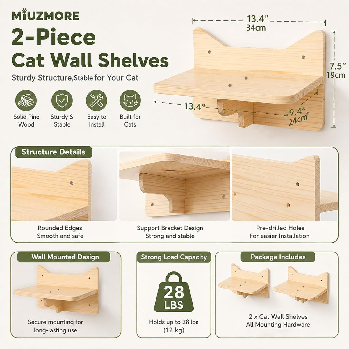 Cat Wall Shelves, 2-Piece Cat Wall Step for Large Cats