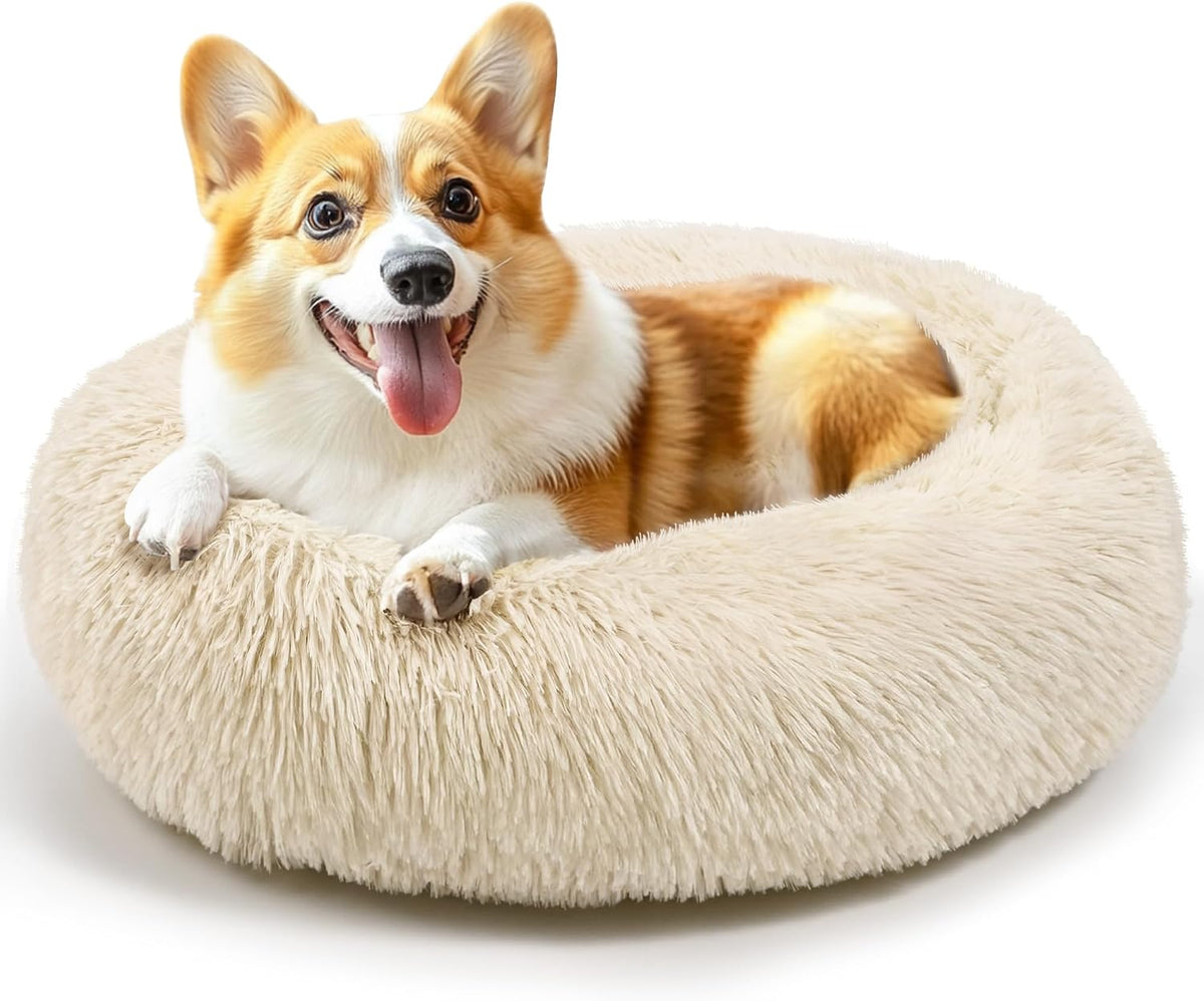 28in Large Dog Bed, Calming Donut Bed for Puppy and Kitten (Light Brown)
