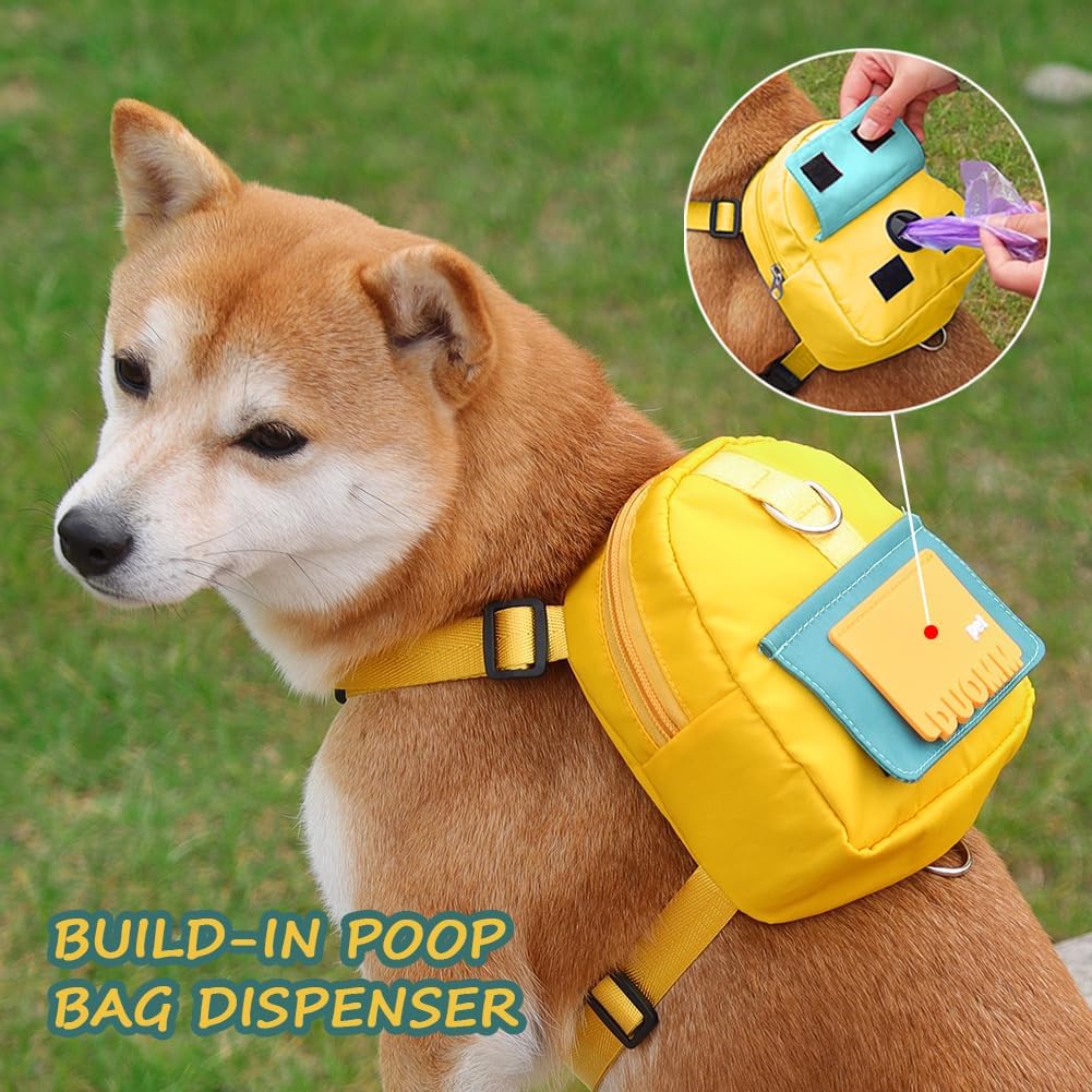 Dog Backpack Harness with Leash,Cute Pet Puppy Backpacks Bulid-in Dog Poop Bag Dispenser,Adjustable Pets Self Carrier Bag for Small Medium Dogs Travel Hiking Daily Walking(M, Yellow)
