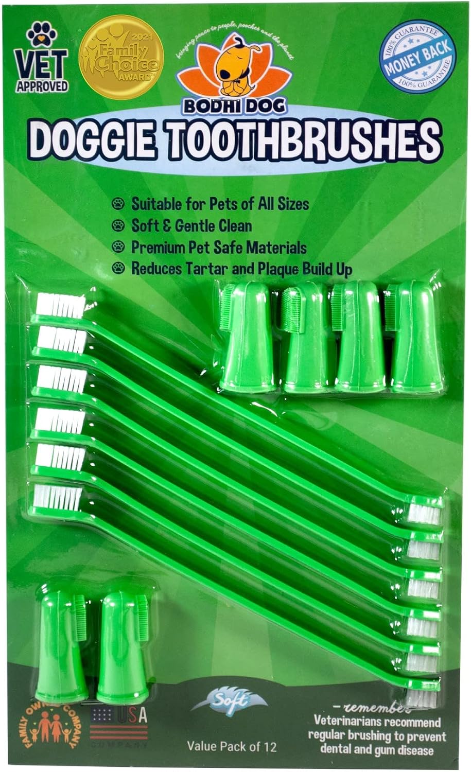 Bodhi Dog Toothbrush Combo Pack - Soft Finger & Dual-Ended Brushes - Gentle Bristles for Dogs & Cats - Easy Teeth Cleaning (6 Long & 6 Finger) 