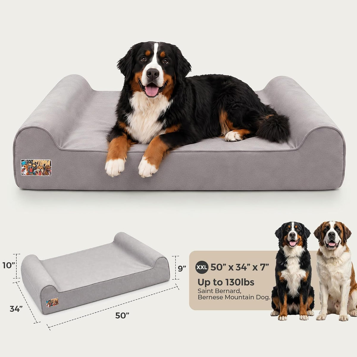 Sytopia Orthopedic Dog Beds for Extra Large Dogs, 7" Extra Thick Memory Foam Dog Couch for Senior Dog with Durable Waterproof Liner & Removable Washable Cover & Smart Design, 50"x 36"x 7", Grey