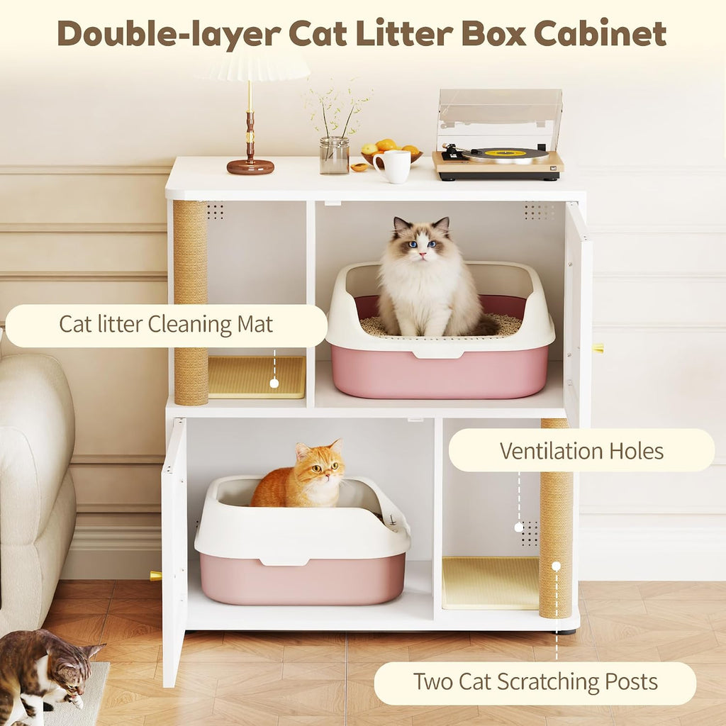 Double Cat Litter Box Enclosure, Litter Box Cabinet for 2 Cats, Hidden Cat Litter Box Furniture, Dog-Proof Litter Box Enclosure with Cats Scratching Post, Suitable for Most Litter Boxes