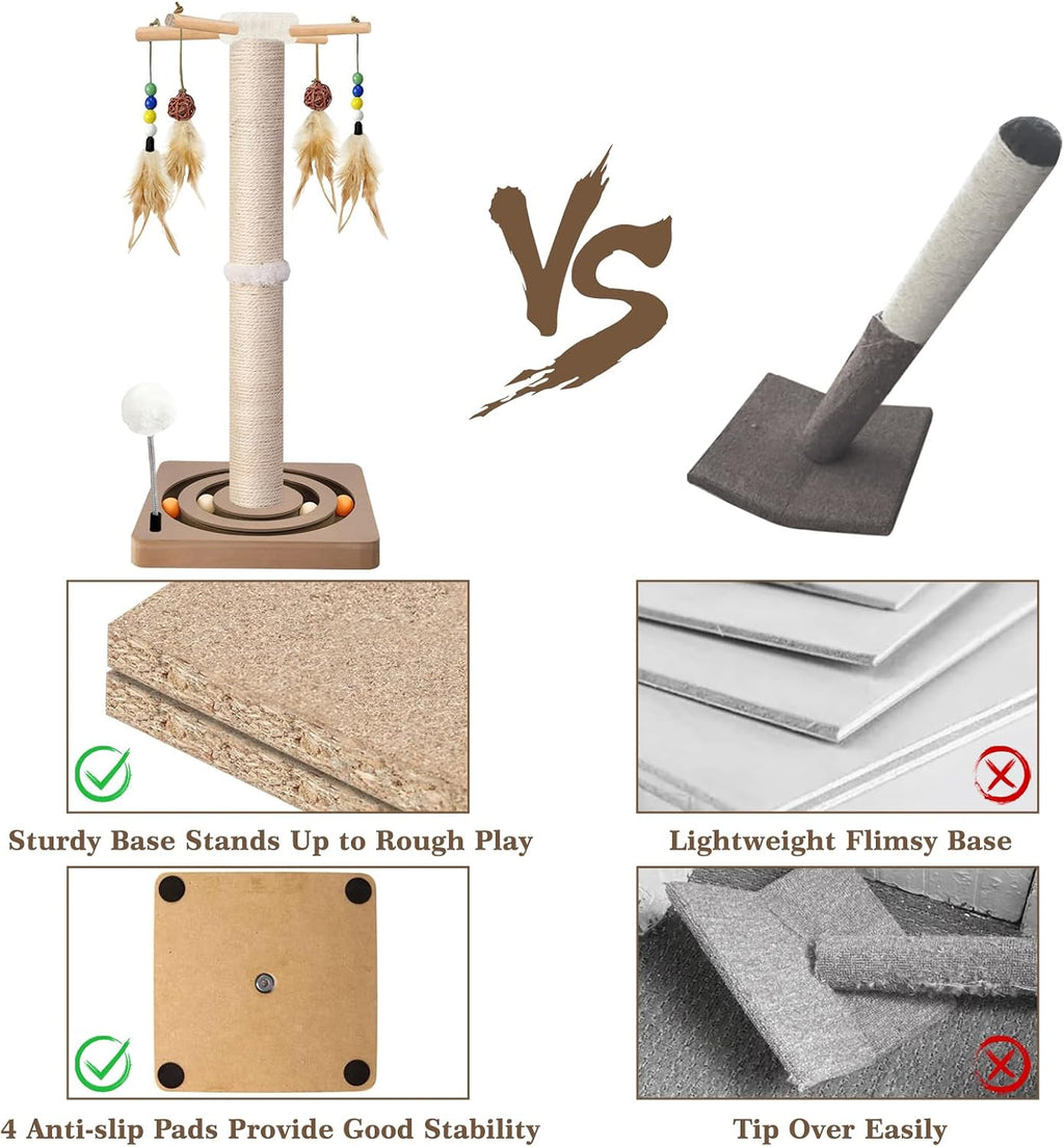 Tall Cat Scratching Post, 33 Inch Sisal Scratcher with Toys for Large Cats
