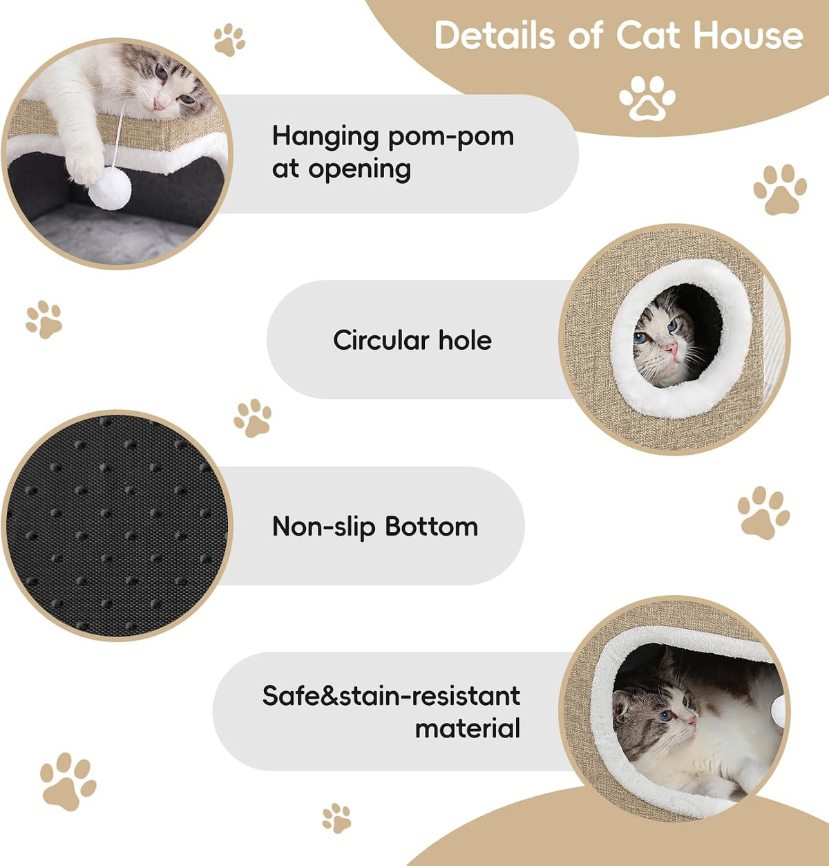 Cat Houses for Indoor Cats, Large Covered Cat Bed Cave,Khaki‌,16in
