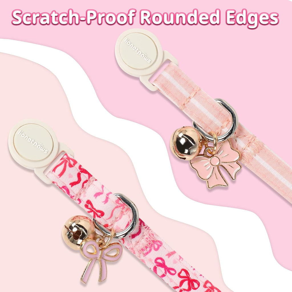 LIONET PAWS 2 Pack Breakaway Girl Cat Collars, Cute Soft Cotton Pink Bow & Stripe Kitten Collars with Bell for Girly Female Cats