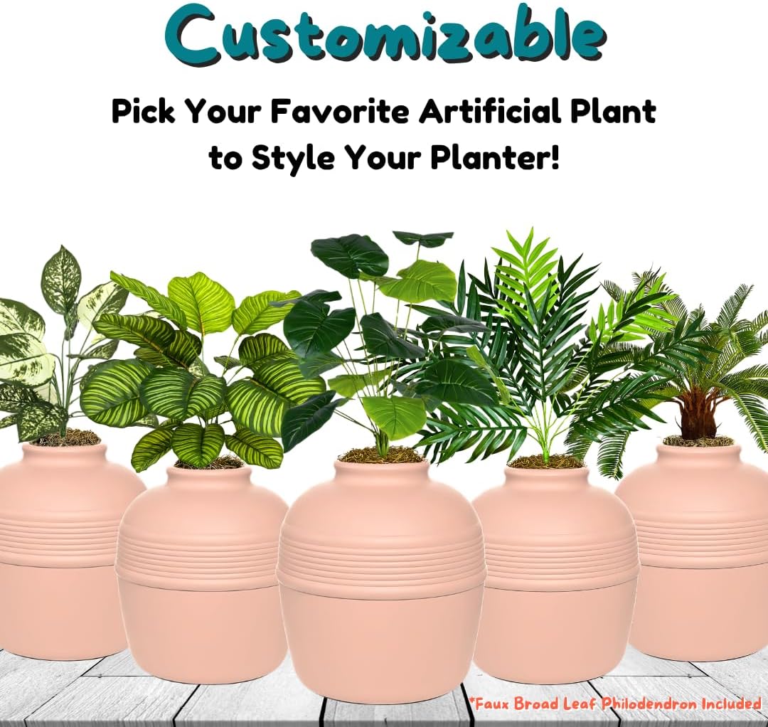 Good Pet Stuff Original Hidden Litter Box Planter, Decorative Cat Litter Enclosure, Carbon Filter, Faux Plant, Round Design, Easy to Clean, Base Kit, Broad Leaf Philodendron, Blush Coral