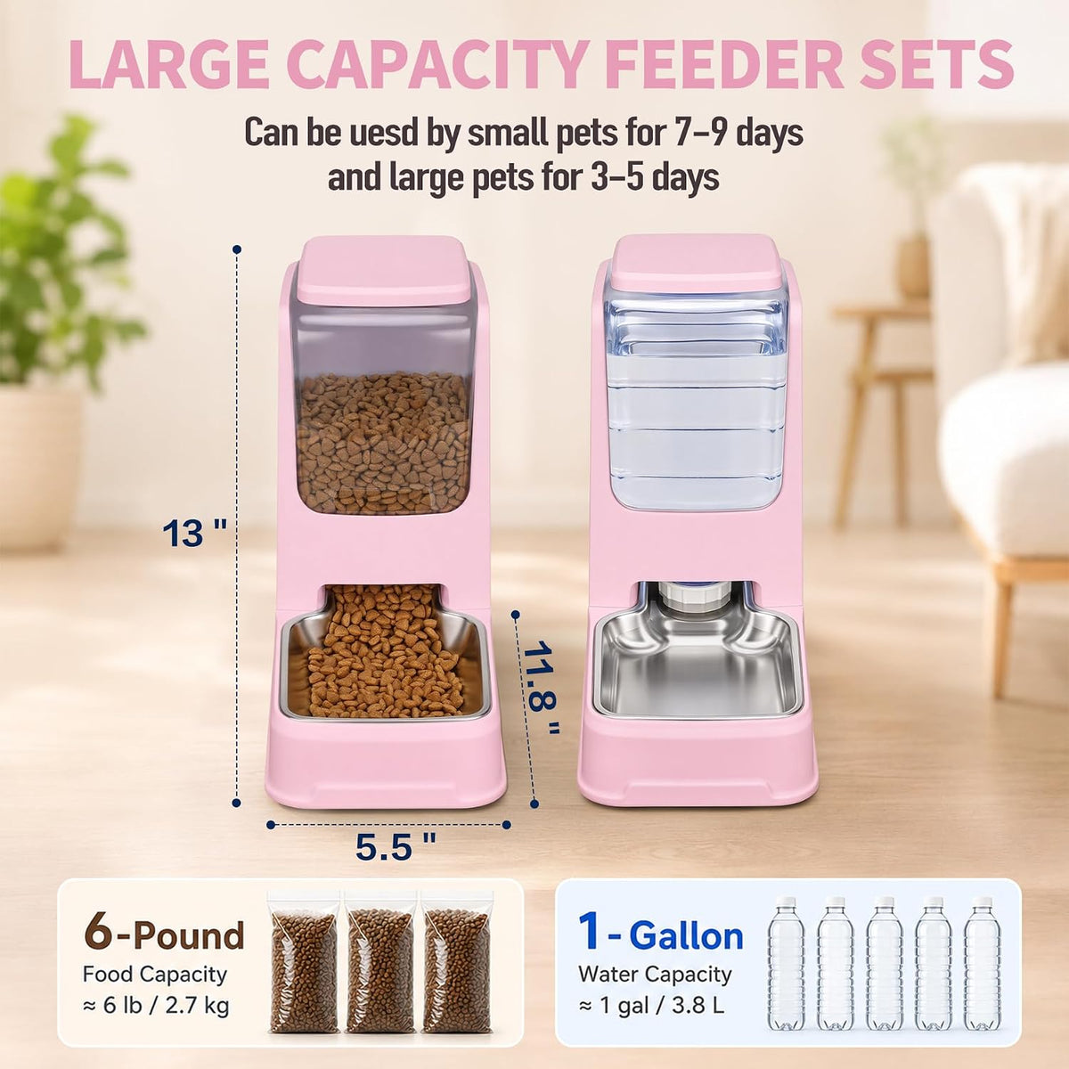 Automatic Cat Dog Feeder and Water Dispenser Set with Stainless Steel Bowl