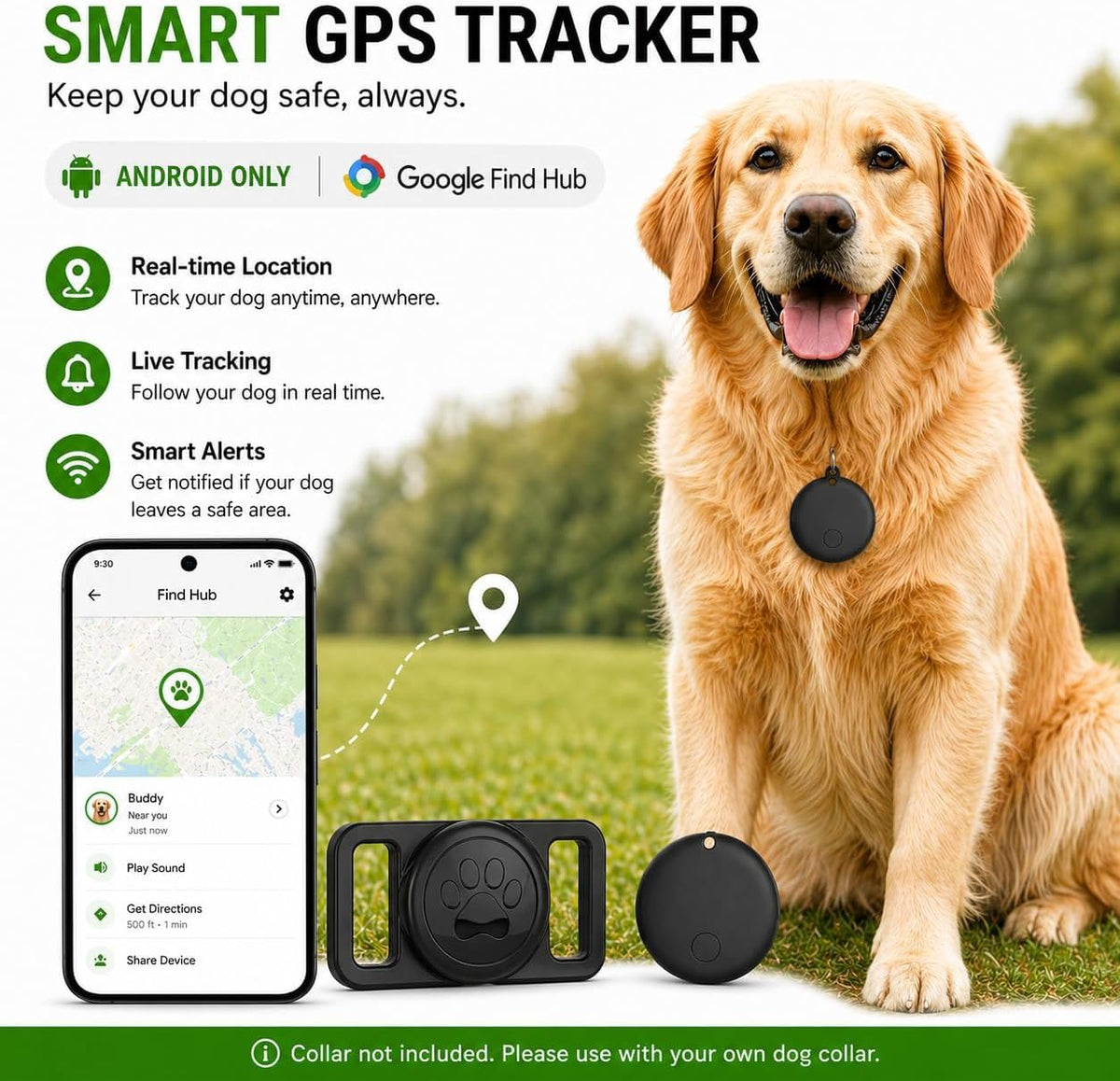 Pet Tracker for Dogs Android Only, GPS Dog Tracker Collar No Subscription – Google Find Hub Compatible Dog Tracker GPS, IP67 Waterproof with Replaceable 1-Year Battery (Network-Dependent)