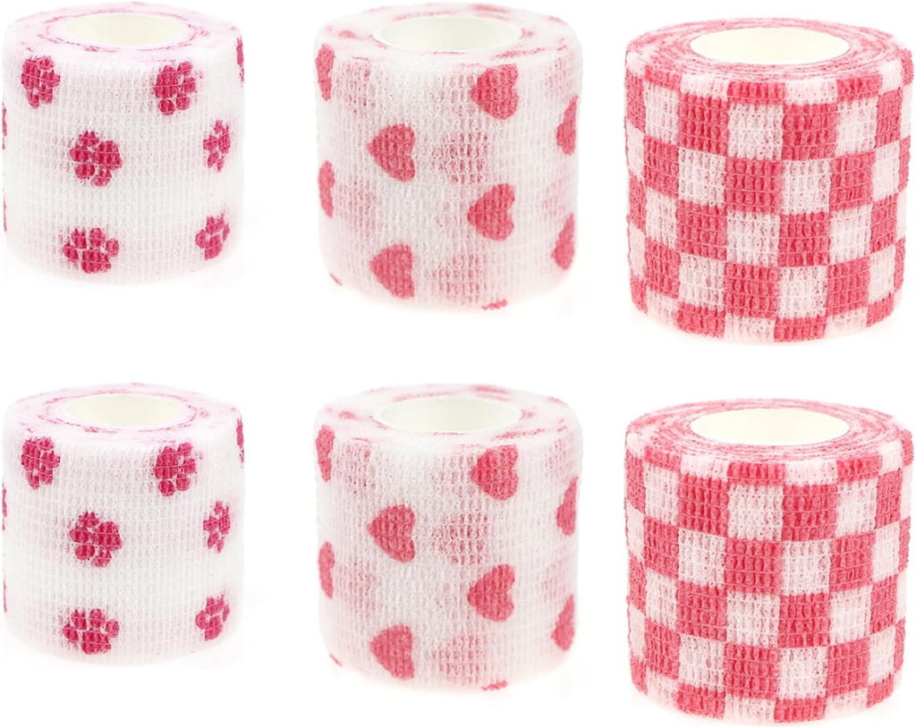 Self Adhesive Bandage Wrap Animal Cohesive Bandage Self Adherent Wrap First Aid Tape for Dogs Cats Horses Birds & Wrist Healing Ankle Sprain (2 Inch White Print 6 Rolls)