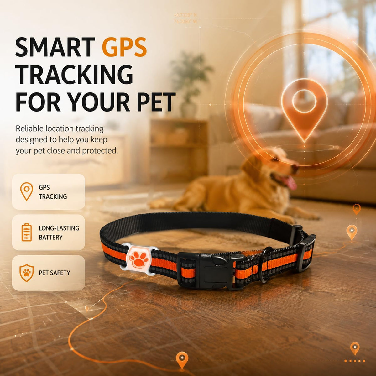 GPS Tracker for Dogs, Smart Collar with Real-Time Locator with Holder Pet Location Tracker, No Monthly Fee/No SIM Card, for Android and iOS, Ultra-Slim, IP68 Waterproof, Reliable