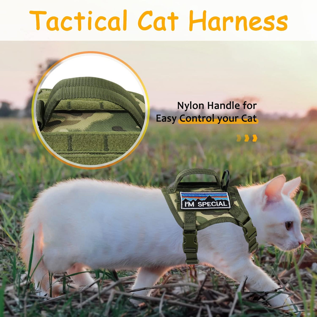 Tactical Cat Harness for Walking, Adjustable Escape-Resistant Vest with Handle and MOLLE Panels, Breathable Harness for Large Cats, Harness Only, Camo Green, L