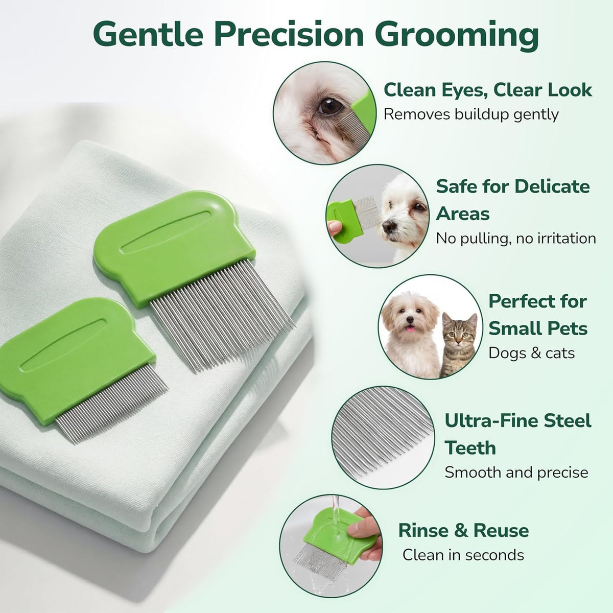Pets&Goods Tear Stain & Flea Remover Comb Set for Dogs & Cats – Stainless Steel Eye Grooming Tool for Stains, Crust & Mucus – Gentle, Safe, Reusable – Pack of 2 (Green)