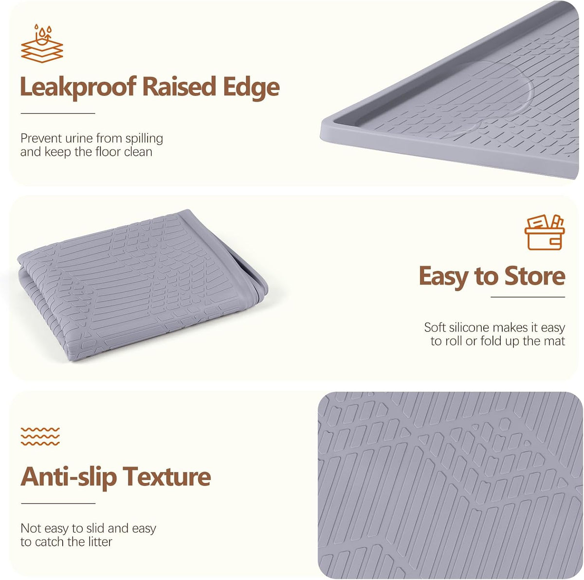 Silicone Cat Litter Box Mat 34'' x 22'' Cat Mat with Toy, Grey