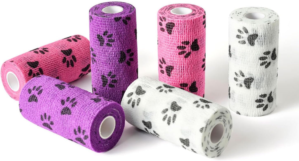 WePet Pet Wrap, Self-Adhesive, Only Sticks to Itself, Non-Woven Tape for Dog Legs, Paws, Wounds, First Aid Cohesive Gauze for Horse, Cat, Bird, Animal, 6 Rolls, 4 Inch, Pawprints B