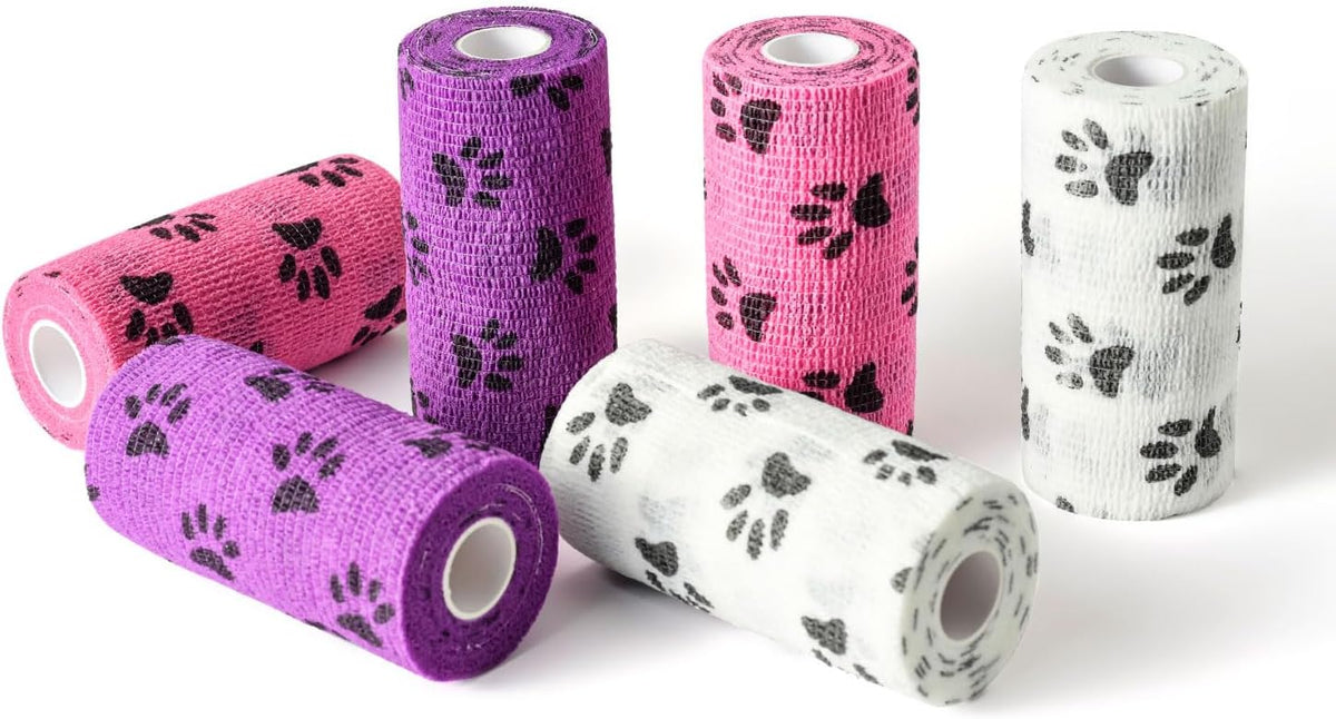 WePet Pet Wrap, Self-Adhesive, Only Sticks to Itself, Non-Woven Tape for Dog Legs, Paws, Wounds, First Aid Cohesive Gauze for Horse, Cat, Bird, Animal, 6 Rolls, 4 Inch, Pawprints B