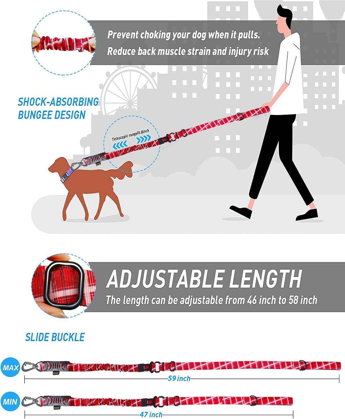 Hotsky Tactical Bungee Shock Absorbing No Pull Dog Leash,Red Plaid,4-6FT
