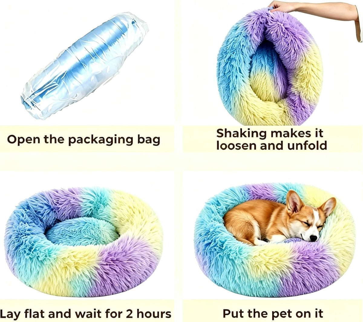 Calming Donut Dog Bed for Small Dogs, Anti-Anxiety Round Washable Plush Fluffy Faux Fur Large Cat Bed, 24 inches Fits up to 25 lbs Pets, Anti-Slip Waterproof Mute Base Rainbow