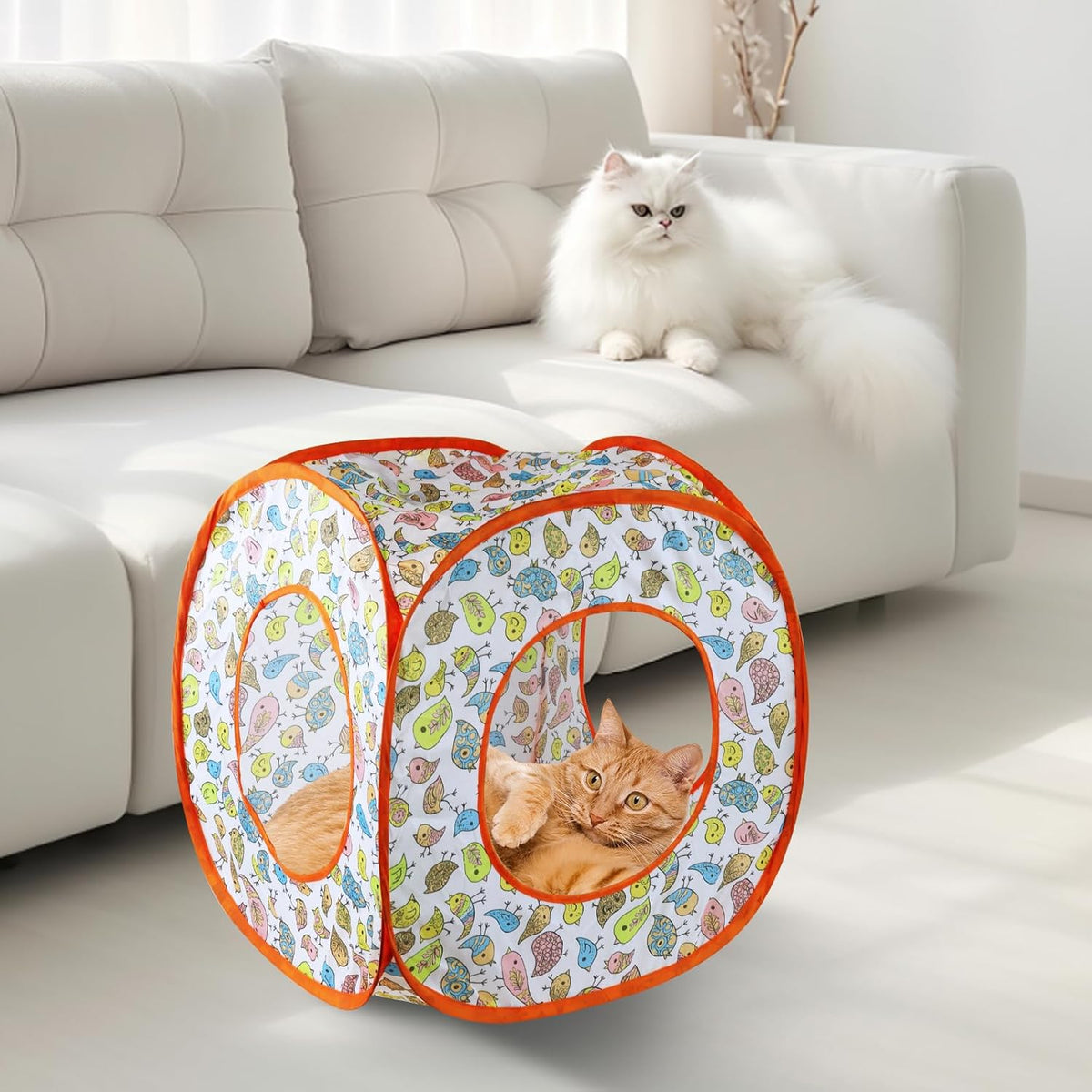 Andiker Cat Tent, 3 Holes Safe and Strong Cute Cats Tunnel Collapsible Easy to Carry Cat House for Indoor Cats Kittens Hiding Playing Training Sleeping (Square Bird)