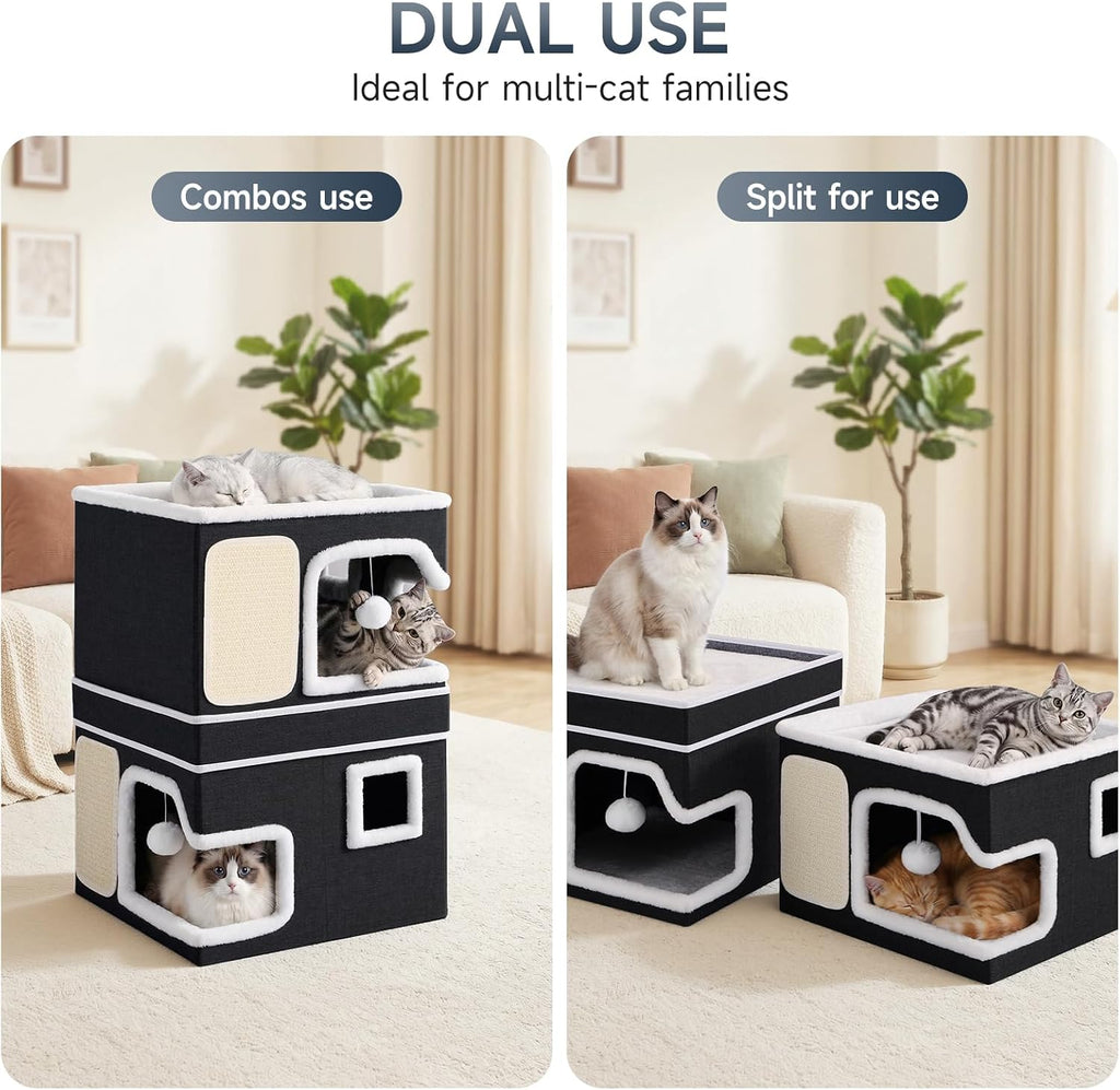 Shikha 2 Story Cat Bed House for Indoor Cats with Scratch Pads Black