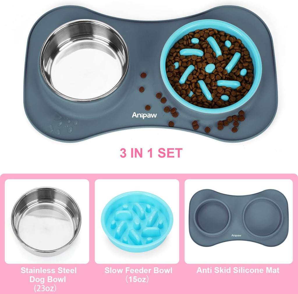 Slow Feeder Dog Bowls 3 in 1 Stainless Steel Food Water Bowl to Slow Eating | Durable, Non-spill & Non-skid with Silicone Mat Design, Slow Down Eating, Suitable for Small Medium Large Dogs and Cats