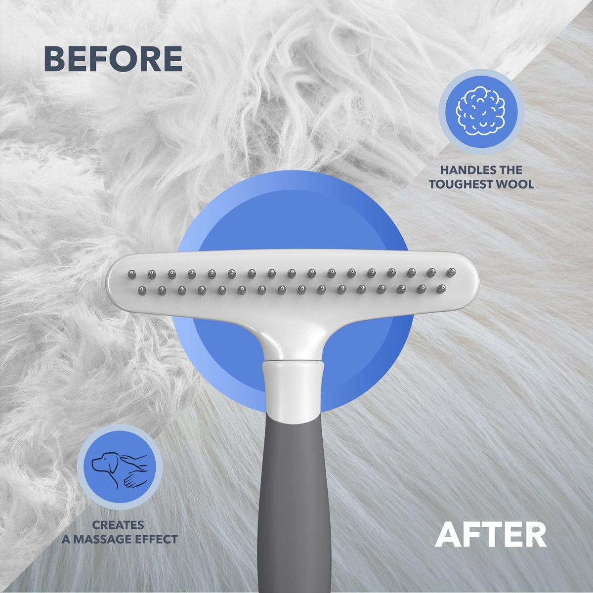Dog rake deshedding dematting Brush Comb - Undercoat rake for Dogs, Cats, matted, Short,Long Hair Coats - Brush for Shedding, Double Row Stainless Steel pins - Reduce Shedding by 90% (White)