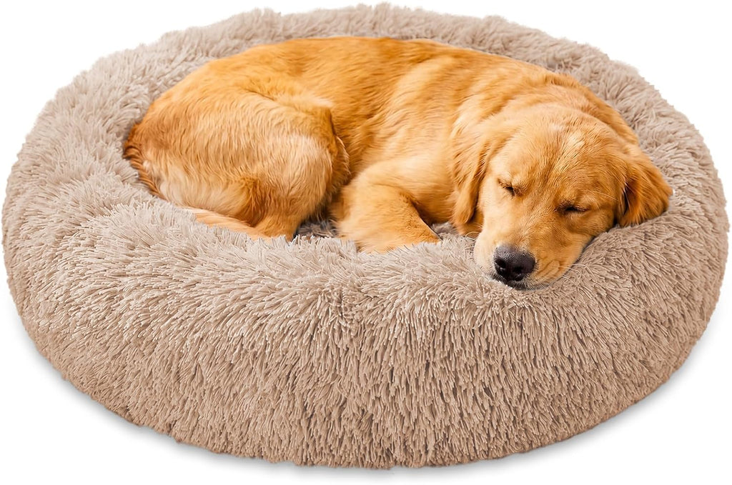 JOLLYVOGUE Calming Washable Dog Beds Large Sized Dog, 36inch Donut Large Dog Bed with Removable Cover, Anti-Slip Round Fluffy Faux Fur Bed, Fits up to 80 lbs Pets, Camel