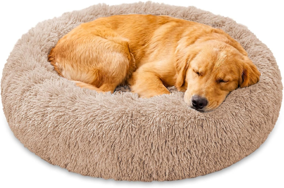 JOLLYVOGUE Calming Washable Dog Beds Large Sized Dog, 36inch Donut Large Dog Bed with Removable Cover, Anti-Slip Round Fluffy Faux Fur Bed, Fits up to 80 lbs Pets, Camel